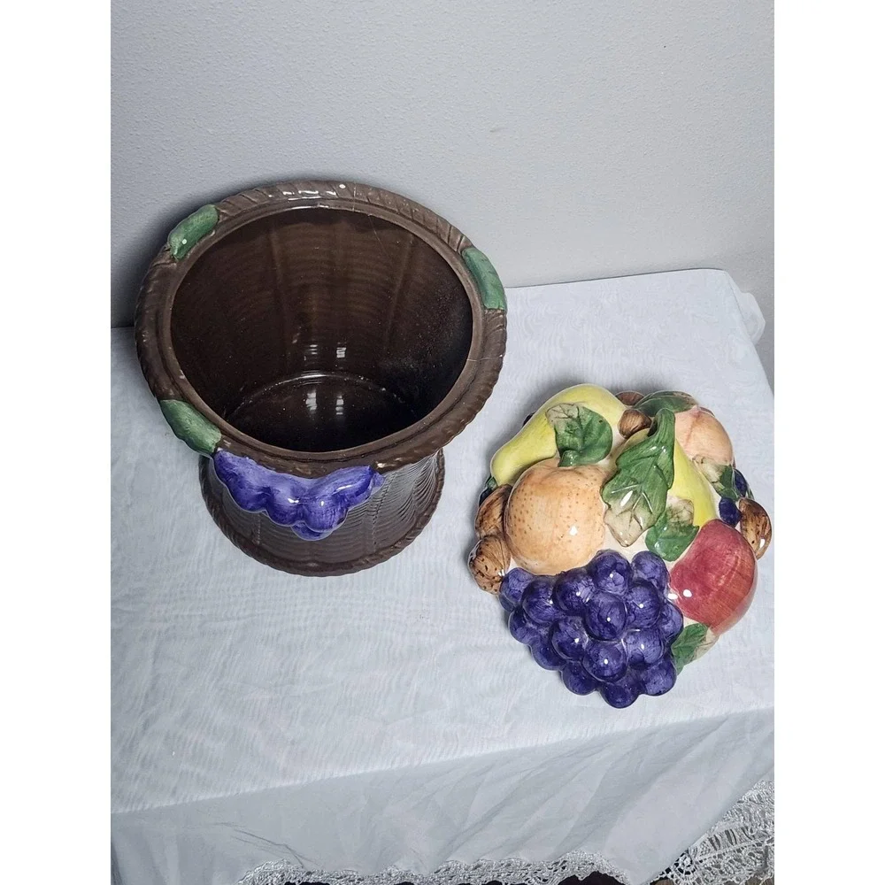 Vintage Ceramic Fruit Basket Cookie Jar Hand Painted Grapes Apple Pear Walnuts